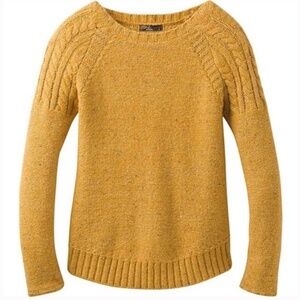 PrAna Pia Sweater Mustard Yellow Cable Knit Raglan Sleeve Chunky Wool Sz S